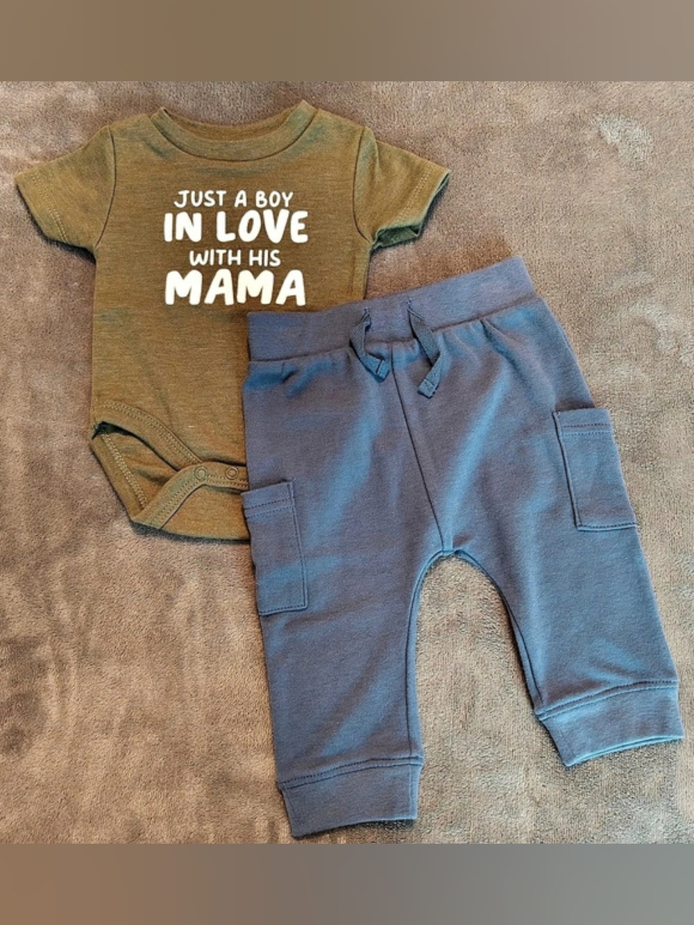 Kids Essentials Olive Green Onesie And Lullaby Slate Blue Cargo Pants, 3 Months